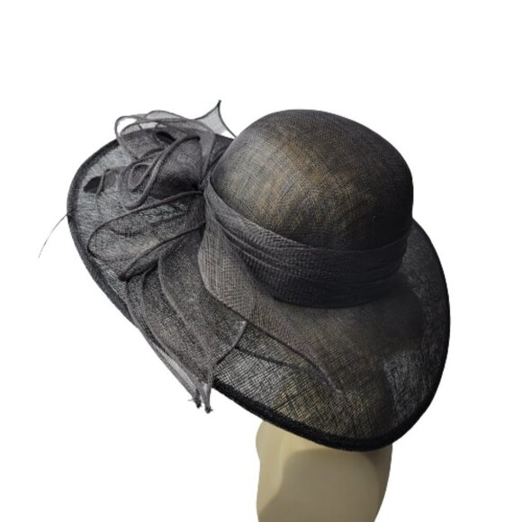 Large Wide Brim Black Sinamay Kentucky Derby Church Wedding Adjustable Hat- NEW - Picture 10 of 16